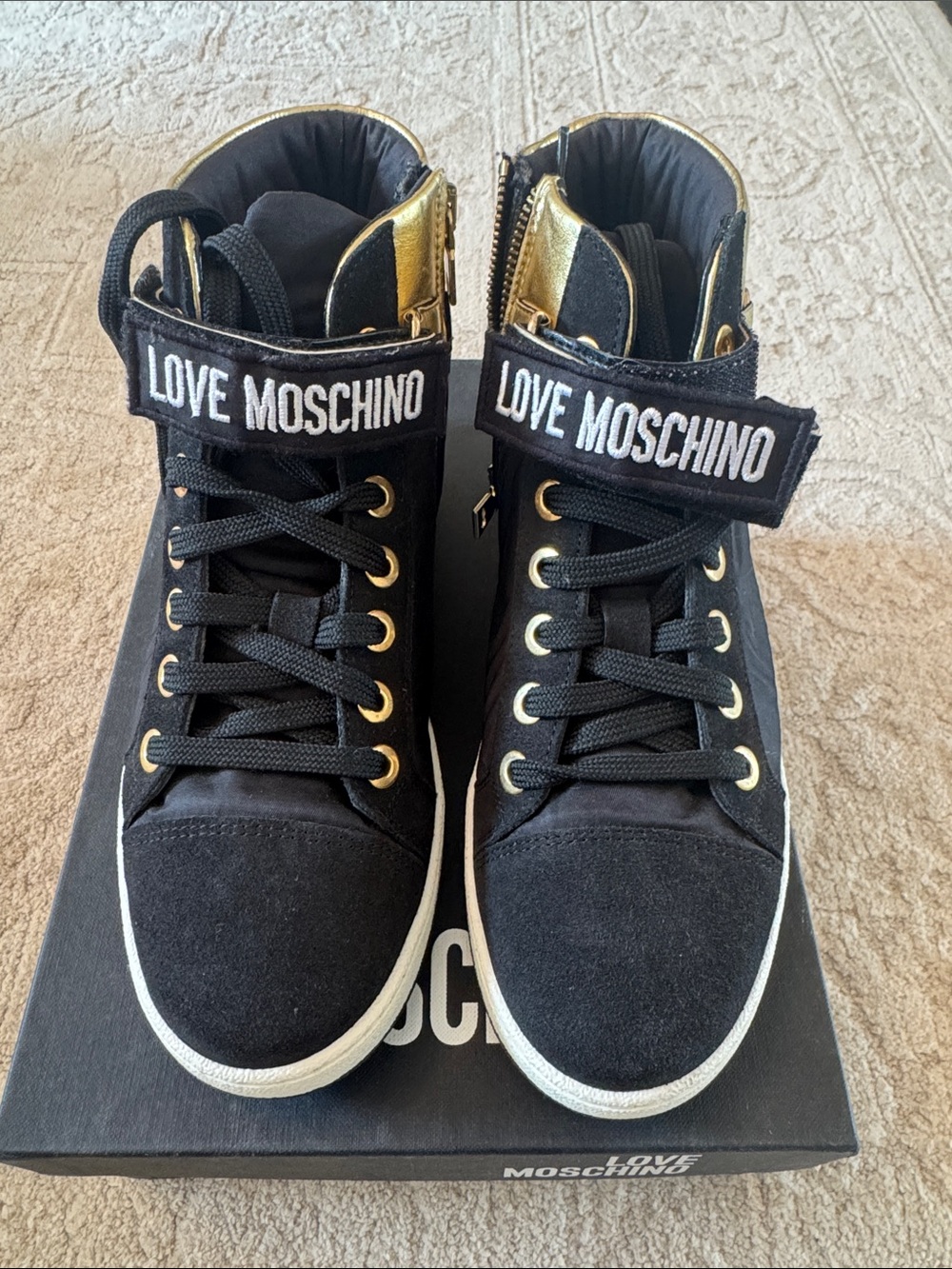 BRAND NEW NEVER WORN. Love Moschino Black and Gold WOMENS High-Top Sneakers